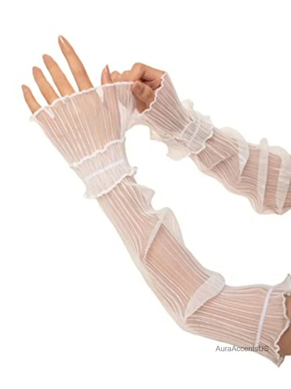 Mesh Sheer Ruched Arm Sleeves Ruffle Hem Fingerless Gloves Costume Accessory